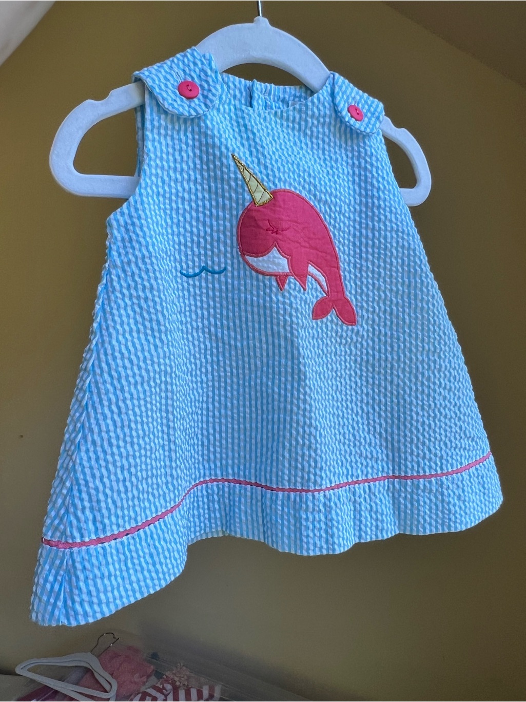 Petit Ami Size 3 Months Blue Seersucker Baby Dress With Pink Narwhal